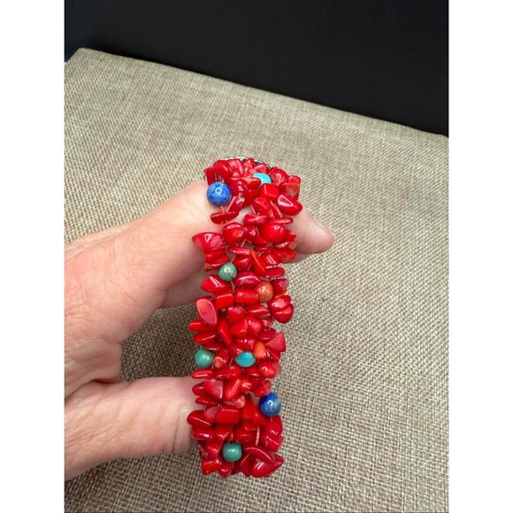 Carolyn Pollack Sterling Silver .925 Red Coral & Turquoise Mosaic Statement Brac - Picture 7 of 8